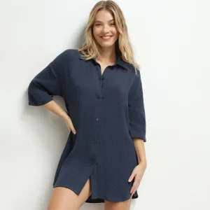Vestido de playa de mujer de gasa de algodón Bleu Dim